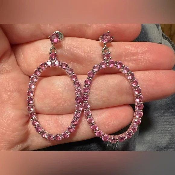 Pink tourmaline cubic zirconia dangle circle earrings. Unique - Picture 1 of 1